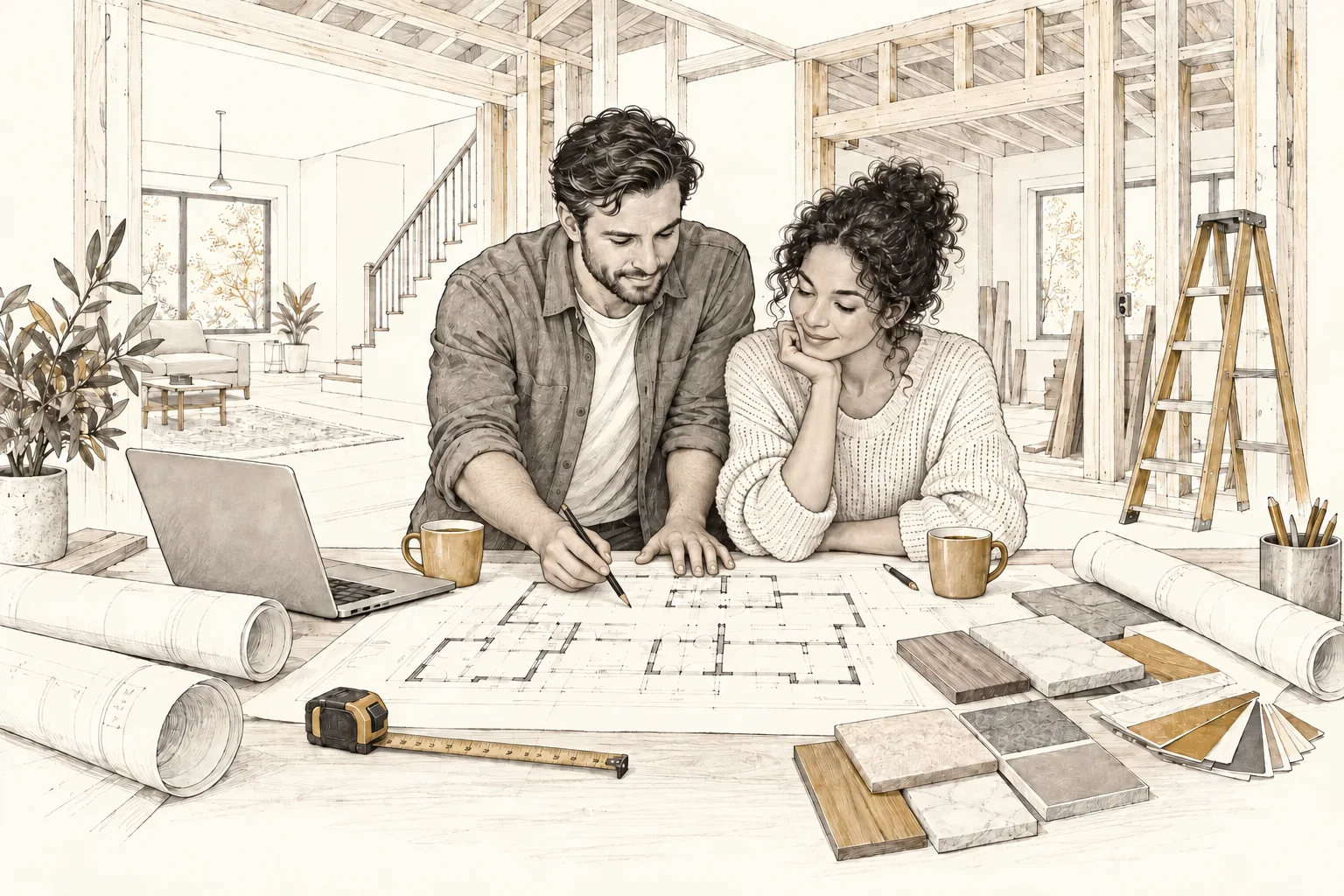 A couple reviews renovation plans and finish samples together in their home.