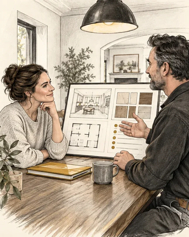 A homeowner reviews an organized renovation plan with a contractor.